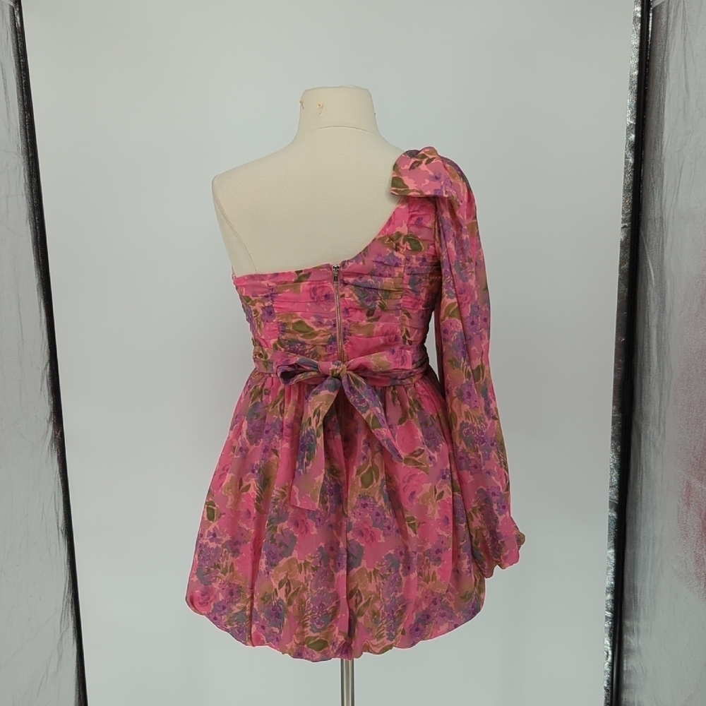 For Love & Lemon Floral One Shoulder Mini Dress Pink 1X party cocktail 80s 90s - Picture 2 of 11